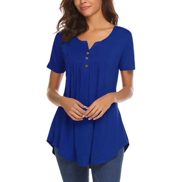 V Neck Henley Shirts for Women Short Sleeve Pleated Tunic Tops Causal Button Up Blouse - Image 4