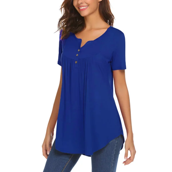 V Neck Henley Shirts for Women Short Sleeve Pleated Tunic Tops Causal Button Up Blouse - Image 3